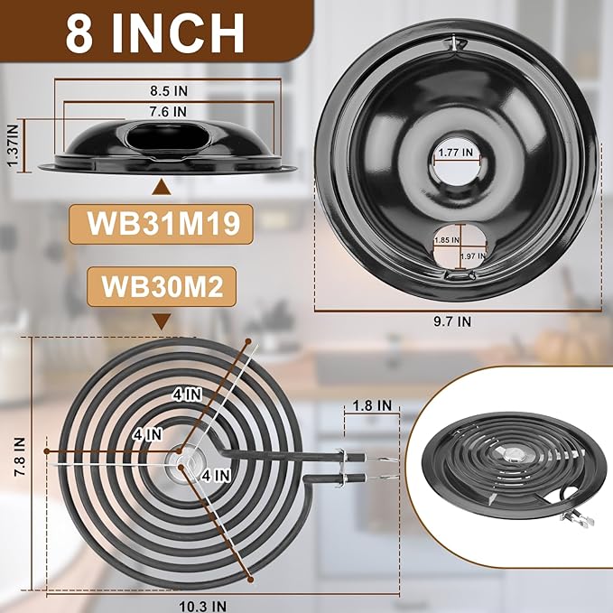 WB31M20(6") WB31M19(8") Porcelain Drip Pan Set & WB30M2(8") WB30M1(6") Electric Range Burner Element Unit Set by Cenipar-Compatible with GE Hotpoint Kenmore Range/Stove-Includes 3×6” and 1×8”