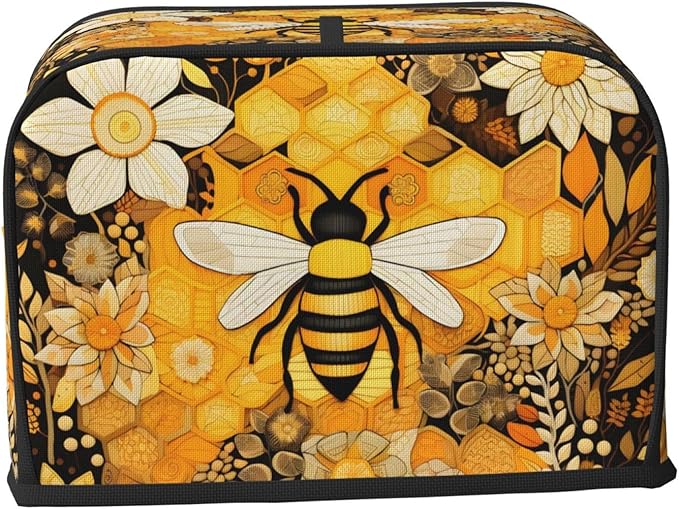 Toaster Cover 2 Slice with Pockets, Flowers And Honey Bee Vintage Yellow Print Kitchen Accessories Decor Bread Maker Oven Protector Covers Dust Proof Fingerprint Covers