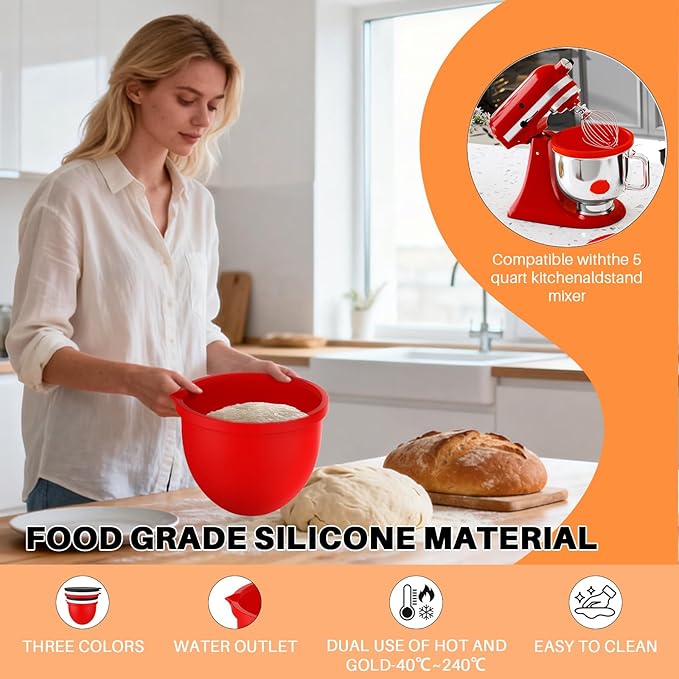 Silicone Bowl Liner for 5 Qt Tilt-Head Stand Mixers - Reusable Kitchen Mixing Bowl Insert, Flexible Easy-Release Liners for Baking (Red)