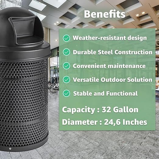 32 Gallon Perforated Recycle Container with Plastic Dome Lid, Steel Outdoor Heavy-Duty Commercial Trash Can, Black Round Waste Bin, Durable Garbage Can for Municipalities, Schools, Parks, Parking
