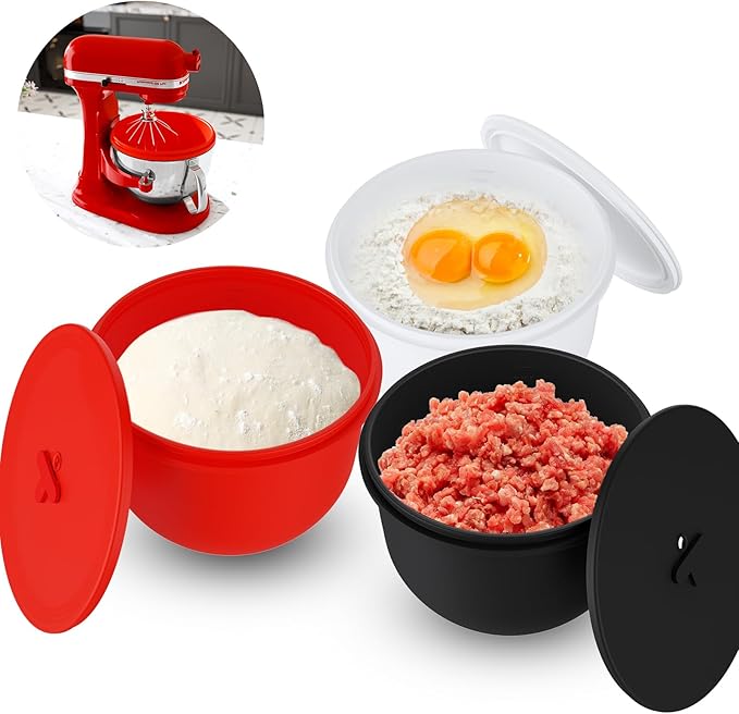 Omoiyari Premium 3-Pack Silicone Bowl Liners with Lids for KitchenAid 7-Qt Bowl-Lift (Only), 2mm Extra-Thick Silicone, Odour-Free,Heat-Resistant,Air Valves for Dough Proofing,Dishwasher Safe, BPA Free