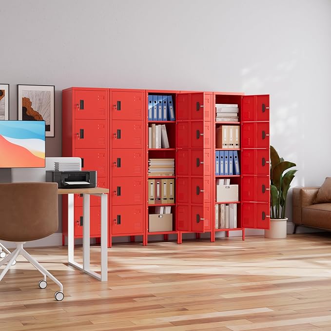 METAN Metal Storage Employees Locker with 5 Lockable Doors,Locking Storage Cabinets for Small Spaces,Home,School,Gym,Assembly Required,Red