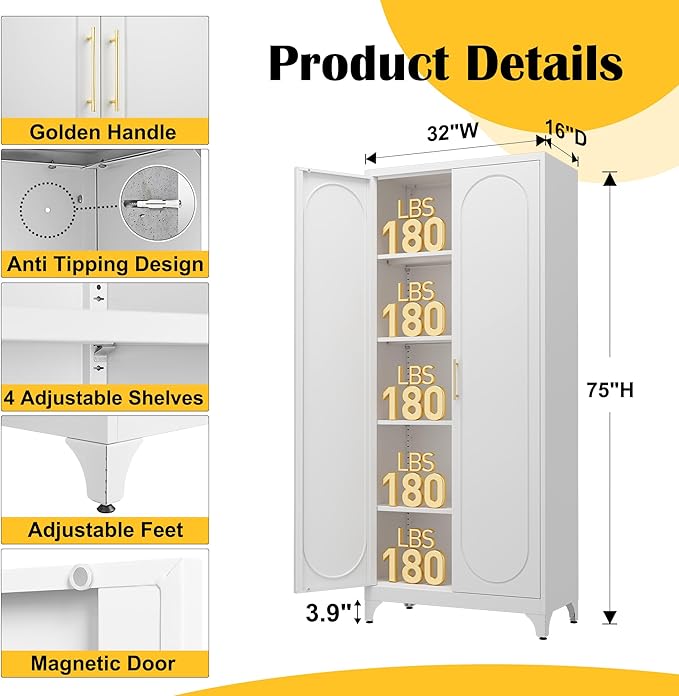 Kitchen Pantry Cabinet,75 Inch White Metal Storage Cabinet with Door and Adjustable, Tall Pantry Cabinets for Kitchen Storage,Cupboard for Living Room,Dining Room and Bathroom