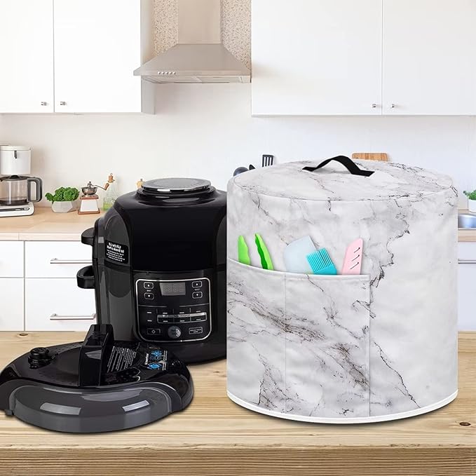 Air Fryer Dust Cover Compatible with 8 Quart Insulated Kitchen Appliance Cover with Top Handle and Front Pockets for Women Gift, White Marble