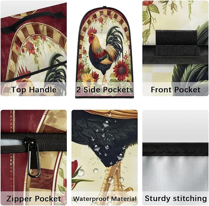 Kitchen Aid Mixer Cover Rooster Chicken Flower Vintage Stand Mixer Cover Compatible with 6-8 Quarts Stand Mixers, Dust Covers with Zipper Pocket Foldable Washable Kitchen Aid Organizer Bag