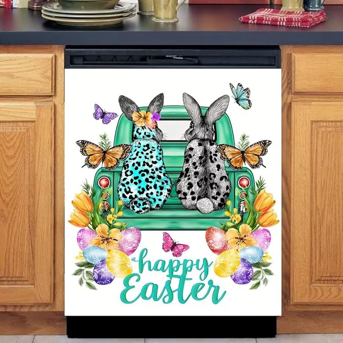 Happy Easter White Magnetic Dishwasher Cover Vinyl Sticker, Farm Bunnies Floral Dishwasher Magnet Cover, Easter Eggs Fridge Barn Door Cover Magnets Art Skin Panel Decal for Home Decor, 23"X26"