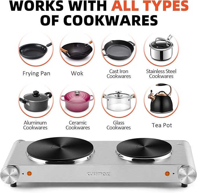 CUSIMAX Double Burner, Electric Hot Plates for Cooking, 1800W Double Hot Plate, Portable Electric Stove, Countertop Burners with Cast Iron Heating Plates, Works with All Cookwares, Upgraded Version