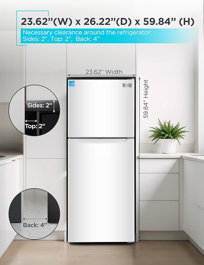 BLACK+DECKER 10 Cu. Ft. Top Mount Refrigerator with Freezer, 2 Door Refrigerator with Top Freezer and Adjustable Temperature Control, ENERGY STAR, BR1000HW, White