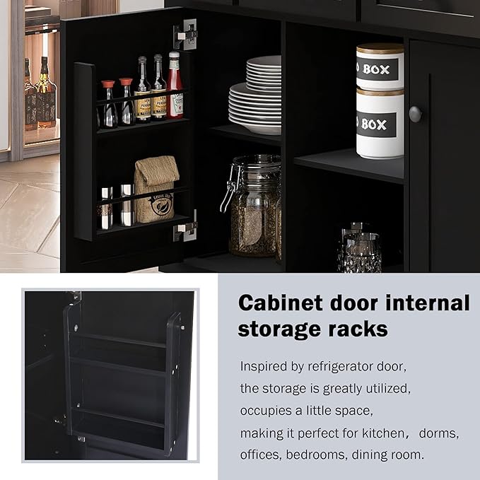Favfurish Kitchen Island with Drop-Leaf Countertop, Internal Storage Cabinet Racks, Rolling Kitchen Cart on 5 Wheels with Open Shelves and 3 Drawers, Spice Holder, for Dining Room, Black