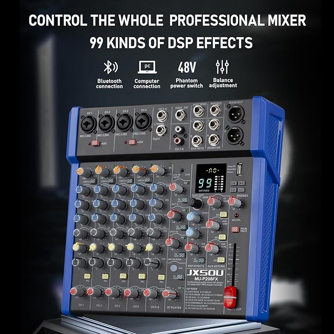 Audio Mixer, 10-Channel DJ Mixer Bluetooth Studio Mixing Board Audio with 99 DSP Effects USB Drive+48V Phantom Power, XLR Microphone Jack Professional Mixer For Karaoke Studio Streaming