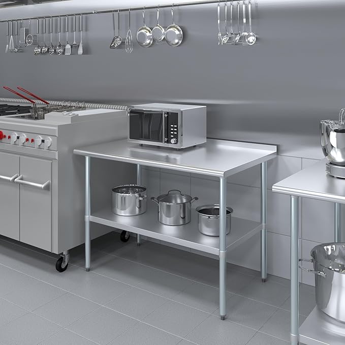 AmGood Stainless Steel Work Table with 1.5" Backsplash | Metal Kitchen Food Prep Table | NSF (48" Long x 30" Deep)