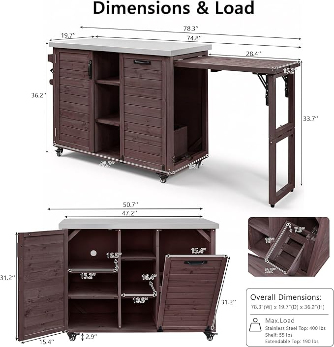 78.3" Outdoor Kitchen Island with Foldable Grill Table - Wooden Grill Cart with Stainless Steel Top, Trash Can Storage and Adjustable Shelves