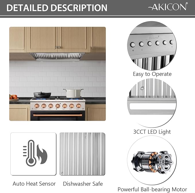 Akicon 36 Inch Range Hood Insert with Heater Sensor, 600 CFM Ultra-Quiet Stainless Steel Ducted Vent Hood Insert with 4 Speed Fan, Dimmable LED Lights and Dishwasher Safe Filters
