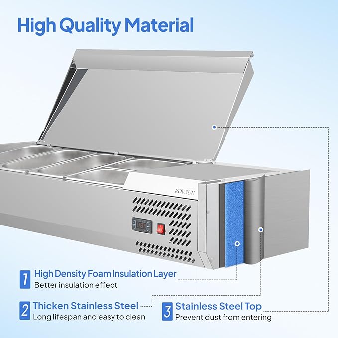 ROVSUN 47" Refrigerated Condiment Prep Station Sandwich Prep Table ETL NSF, 25.1QT Salad Bar Prep Rail w/Auto Defrost Temp Control Stainless Steel Cover 3 1/3 Pan & 2 1/4 Pan for Restaurant Food Truck