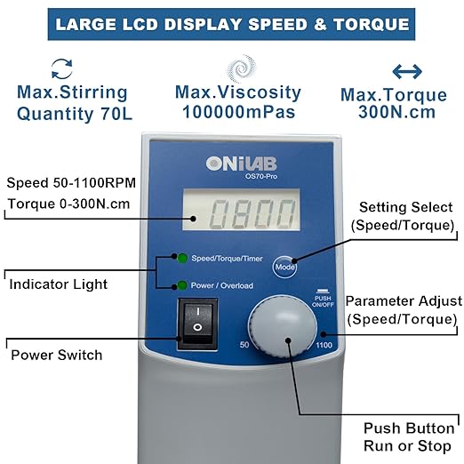 ONiLAB Electric Overhead Stirrer, LCD Digital Overhead Stirrer Mixer with Stirring Rod and Stand，Powerful 70L ，100000 mPas ， 50~1100RPM （Stand Included), Dark Blue