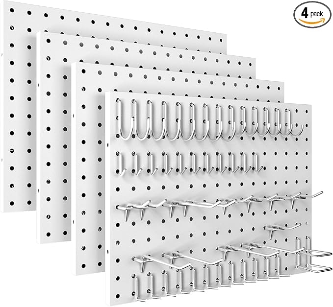 Peg Board, 4 Pack Metal Pegboard Panels with 50 Hooks, White Pegboards Wall Organizer, Heavy Duty Peg Board for Walls Home, Garage Tool Storage, Office Organization, Craft Room, Kitchen