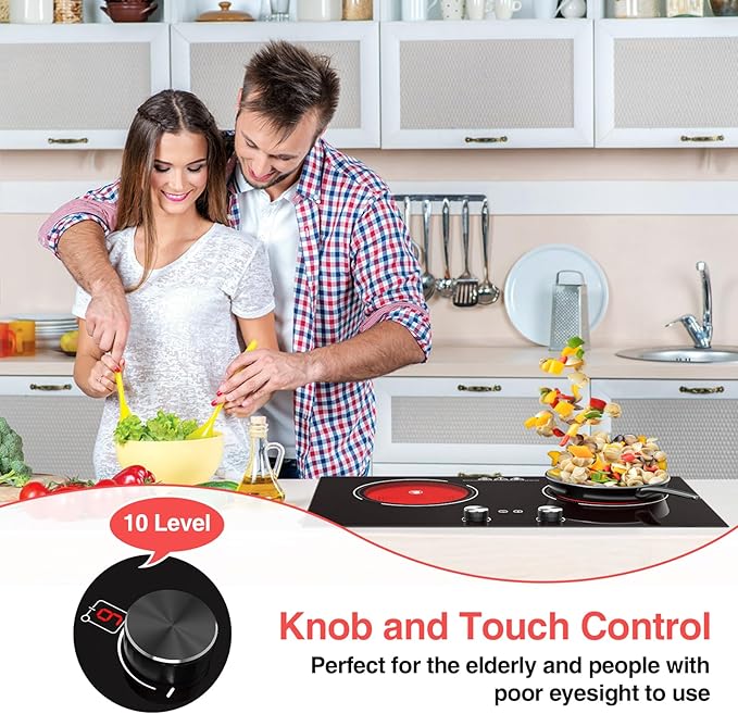 2400W Electric Cooktop: 24" Electric Stove 2 Burner Hot Plate Double Burner Cooktop, GTKZW Knob Control Countertop & Built-in, 9 Power Levels, Child Lock, Timer, Suitable for all Pans