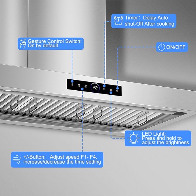 36 inch Range Hood Wall Mount, 1200 CFM with 4-Speed Gesture Sensing & Touch Control, Stainless Steel Kitchen Stove Vent Hoods with 2 LED Lights, Time Setting, Dishwasher-Safe Baffle Filters