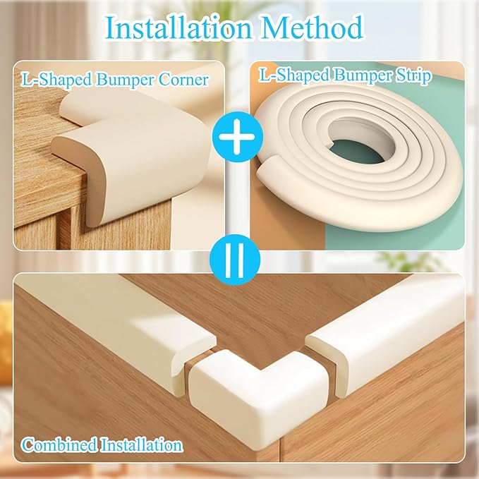 Baby Proofing Edge & Corner Protectors, 1 Roll White Foam L-Shape Self-Adhesive Bumper Strip + 8Corner Guards, Wall & Furniture Safety Bumpers for Nursery, Kitchen, Fireplace, Table, Desk