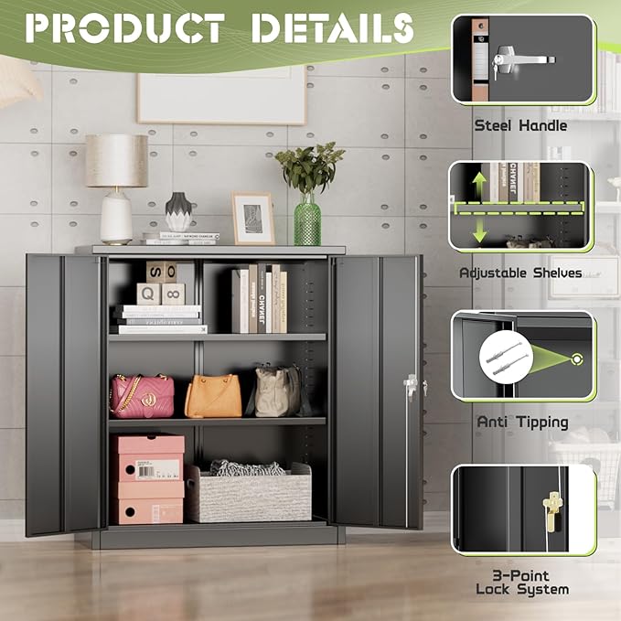 Oakcloud Oakmont Metal Storage Cabinet for Tool Organization, 36" Lockable Garage Storage Cabinets with 2 Doors and 4 Adjustable Shelves, Locking File Cabinet for Office, Home, School (36”-Black)
