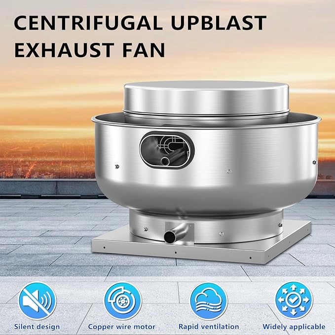 Restaurant Hood Grease Rated Exhaust Fan- Food Truck High Speed Direct Drive Centrifugal Upblast Exhaust Fan 0.25HP 110 Volt Single Phase Motor 1500-1700 CFM