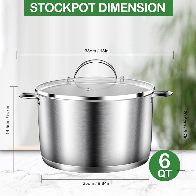 Cooking Pot, Stainless Steel Stock Pot, Soup Pot with Glass Lid, Induction Pots - 6 Quart