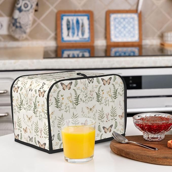 2 Slice Toaster Cover for Kitchen Botanical Wildflower Leaf Butterfly Waterproof Dustproof Toaster Dust Cover with Side Pockets Decorative Universal Cover for Wide Slot Toasters Small Appliances