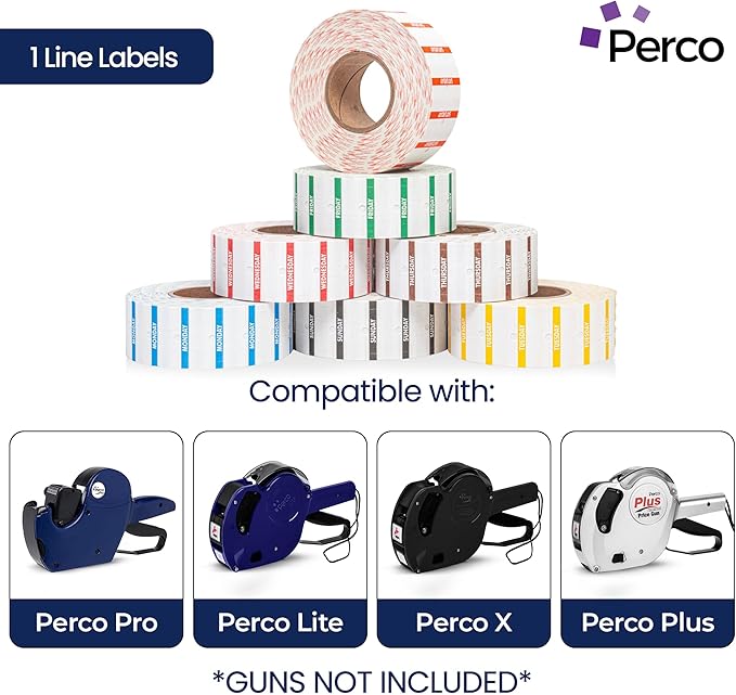 Perco 1 Line Day of The Week Labels - 7 Rolls (Full Week), 1 Sleeve, 7,000 Blank Dating Labels for Perco Lite, X, Plus and Pro 1 Line Date Guns