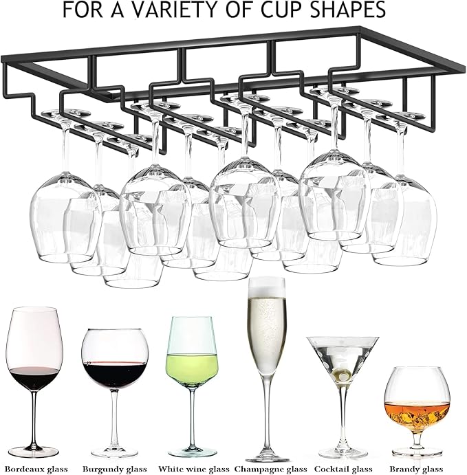 Wine Glass Rack, 2 Pack Under Cabinet Stemware Rack Wine Glass Holder, 4 Rows Black Metal Wine Glass Storage Hanger Under Shelf for Cabinet Kitchen Bar