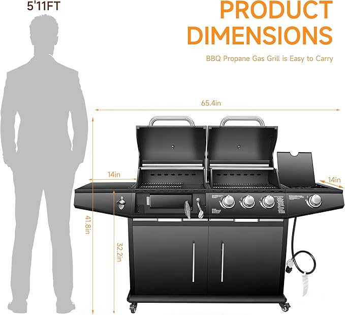Dual Fuel Grill Combo Propane Gas & Charcoal Grill with Side Burner, 3+1 Burners 40,000 BTU Total, 713.5 Sq In Cooking Area, Adjustable Charcoal Tray & Stainless Steel Cabinet (Gas + Charcoal Combo)