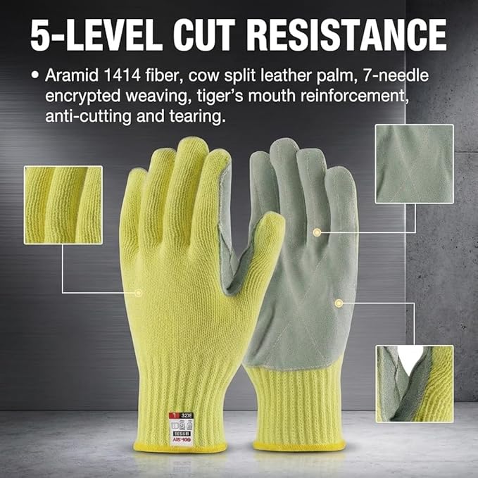 Heat Cut Resistant Gloves,Aramid leather Oven Gloves with Fingers,Heat Resistant Up to 550°F, Thick Knit Design- Grill Mitts for Men & Women(Aramid leather, Small)