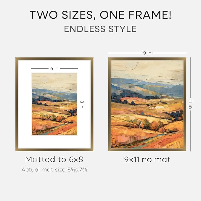 Homeforia 9x11 Frame Bronze, High End Metal 9 x 11 Brass Picture Frames with Mat for 6 by 8 in Photo, 9by11 Poster Frame Matted to 6x8, 11x9 Wall or Tabletop Frames, Tempered Glass, Wall Kit, Set of 3
