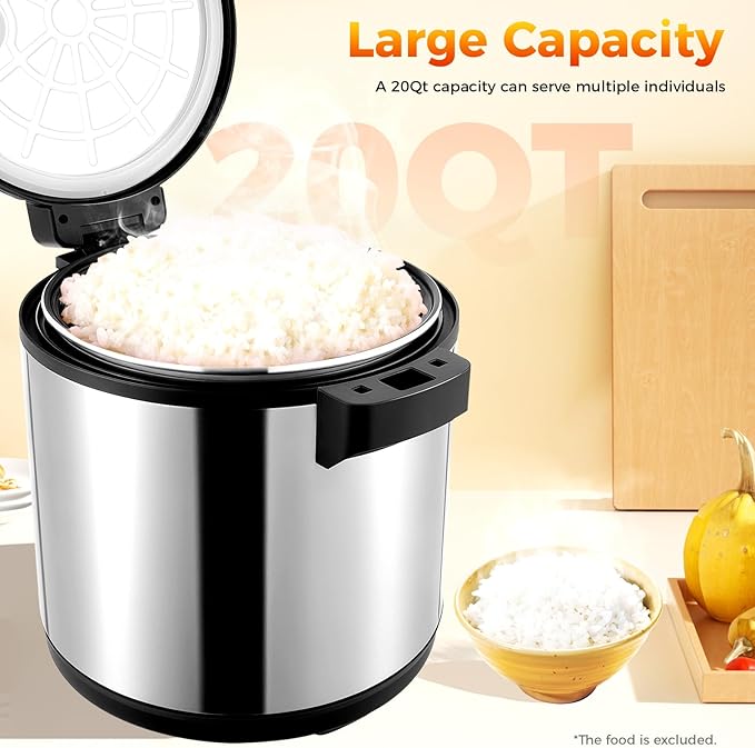 Commercial Rice Warmer, 19L Large Capacity Non-Stick Electric Rice Warmer with Rice Scoop, 2 Levels Temperature Adjustable Food Warmer, Stainless Steel Rice Cooker for Restaurants Canteens