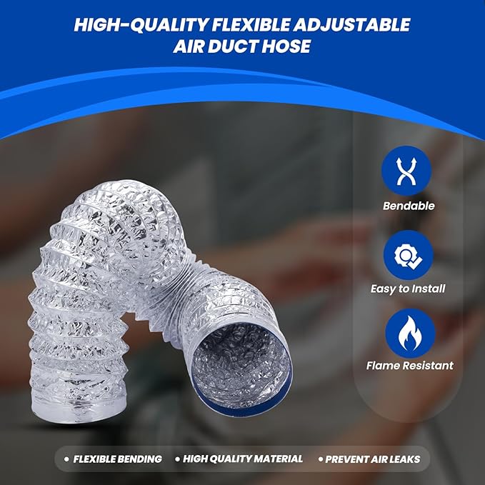 Dryer Vent Hose 4 Inch x 3FT - Flexible Aluminum Dryer Hose with 2 Clamps - Heavy-Duty 6-Layer Dryer Vent Hose for Tight Spaces, HVAC, Bathroom, and Kitchen Exhaust Ventilation