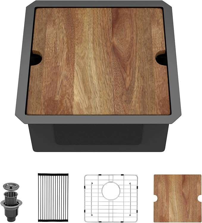 Undermount Bar Sink - 17x17 Inch Workstation Black Bar Sink Stainless Steel Small Wet Prep Sinks 16 Gauge Single Bowl Under Counter Camper Sink with Cutting Board and Assembly #TLU-0019