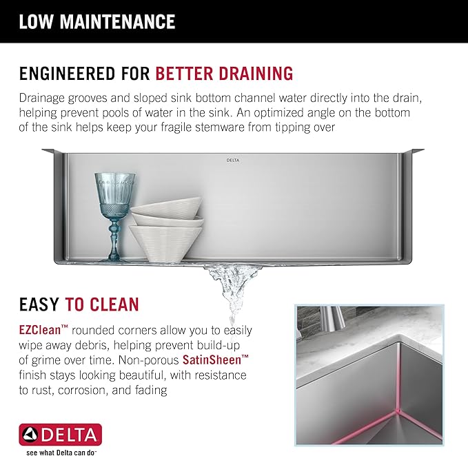 DELTA FAUCET Delta Lenta 30-inch Undermount 16 Gauge Stainless Steel Single Bowl Kitchen Sink with Accessories, 953034-30S-SS, Satin