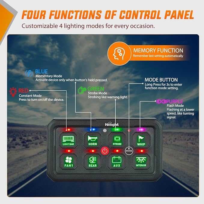 Nilight 8 Gang Switch Panel Green Circuit Control Relay System with Fuse Wiring Harness Toggle Momentary Strobe Flash Modes Automatic Dimmable ON Off Pod 12V 24V for Car Truck Camper SUV