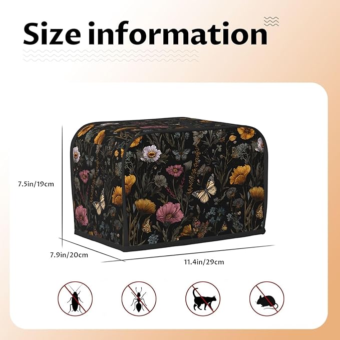 2 Slice Toaster Cover for Kitchen Flower Vintage Butterfly Botanical Waterproof Dustproof Toaster Dust Cover with Side Pockets Decorative Universal Cover for Wide Slot Toasters Small Appliances