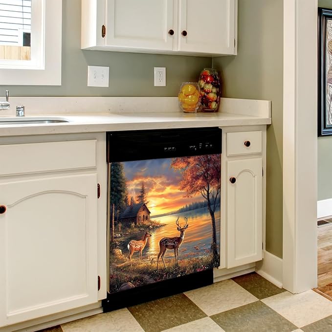 Sunset Deer Dishwasher Magnet Cover Animal Deer Front Dishwasher Cover Decoration Winter Reusable Magnetic Door Cover Forest Panel Decal Home Appliances Stickers Kitchen Refrigerator Fridge 23"x 26"