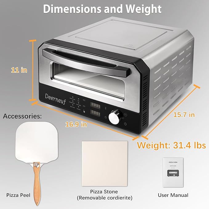 Electric Pizza Oven Indoor, Heats up to 800°F, 12” Pizzas in Minutes, Countertop Pizza Oven with 6 Touchscreen Presets, Pizza Stone and Pizza Peel Included,Stainless Steel Pizza Maker Machine for Home
