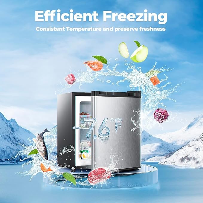 1.1 Cu.ft Upright Freezer, Small Mini Freezer with Adjustable Thermostat, Removable Shelves, Reversible Single Door, for Bedroom/Home/Dorms/Apartment, Silver