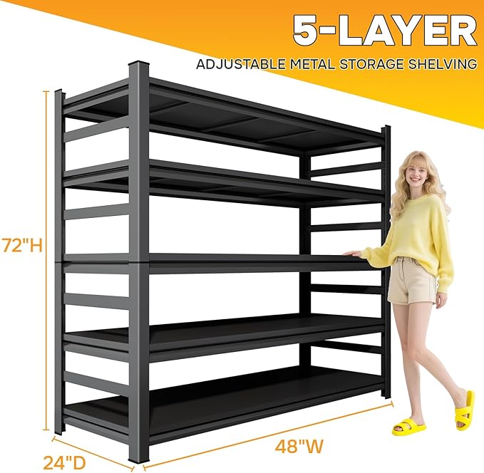 Metal Garage Shelving 5 Tier, 48"W x 73"H x 24"D Heavy Duty Storage Shelves, Easy to Assemble, Adjustable, 3000 lbs Capacity Steel Storage Utility Rack Shelf Unit for Warehouse, Pantry, Office, Black