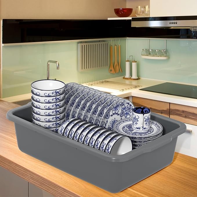 35 Quart Commercial Bus Tubs, Plastic Bus Box Dish Pan Basin, Gray, 4 Packs
