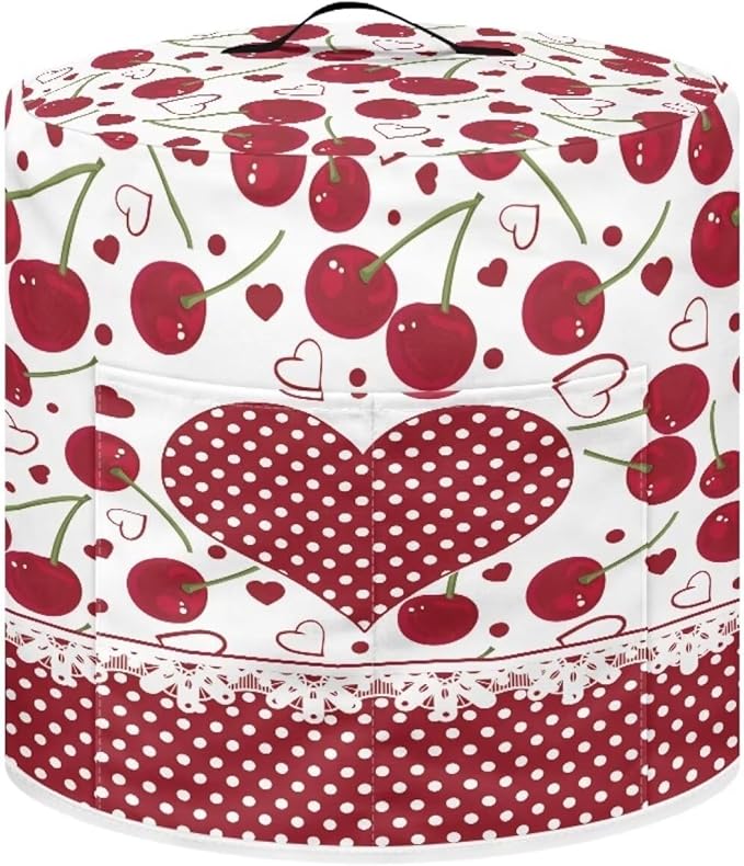TODIYADDU Red Love Heart Air Fryer Cover for 6 Quart Instant Pot Cherry Fruit Print Kitchen Appliance Dust Cover with Pocket Lightweight Round Protective Cover for Rice Cooker Coffee Maker