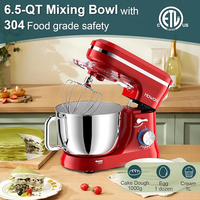 HOWORK Electric Stand Mixer,10+p Speeds Kitchen Mixer With 6.5QT Stainless Steel Bowl,Dough Hook, Wire Whip & Beater,for Most Home Cooks (Red)