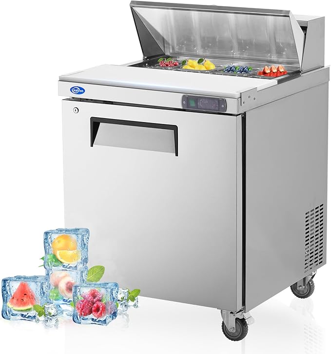 27" W 1 Door Refrigerator Sandwich Salad Prep Table Commercial Stainless Steel Fan Cooling Refrigerator with Cutting Board, 1 Shelves & 8 Pans for Restaurant, Bar, Shop-7.4 Cu.ft