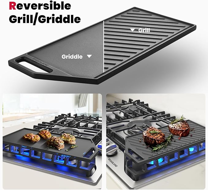 GASLAND 30 Inch Gas Cooktop, PRO GH3305SF 5 Burner Propane Stovetop with Reversible Cast Iron Grill/Griddle, Gas Countertop Plug-in, NG/LPG Convertible Cooktops, Stainless Steel