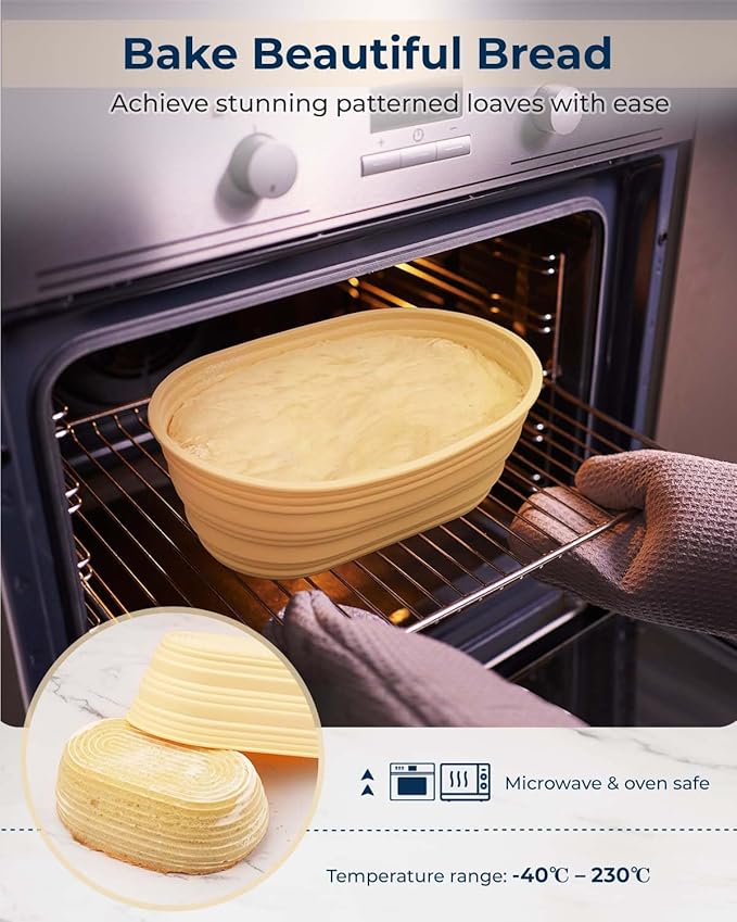 Silicone Banneton Bread Proofing Baskets Set of 2, 9" Round & 10" Oval Foldable Sourdough Proofing Baskets, Silicone Proofing Bowls for Sourdough Bread, Easy to Clean and Store