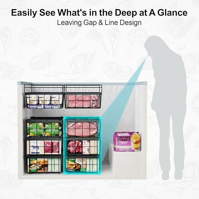 iSPECLE Deep Freezer Organizer Bins for 10 to 20 Cu.Ft, 3 Pack Stackable & Hanging Baskets, Expandable Metal Wire Storage System, Fits 17.5"-22.6" Width, Chest Freezer Only, Black