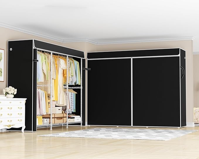 E14C Heavy Duty Closet Organizer System，Freestanding Clothing Racks for Hanging Clothes，Adjustable Garment Rack 70.1" W × 16.6" D × 76.4" H Hold 960 lbs，White Rack with Black Dustproof Cover